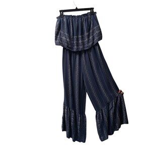 Japna One Piece Jumpsuit Womens Size Medium Flare Strapless Smoked Wide Leg Navy